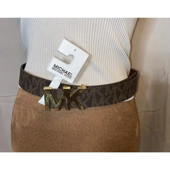 NWT Michael Kors Brown MK Logo Belt Gold Buckle Size Small - Picture 3 of 12